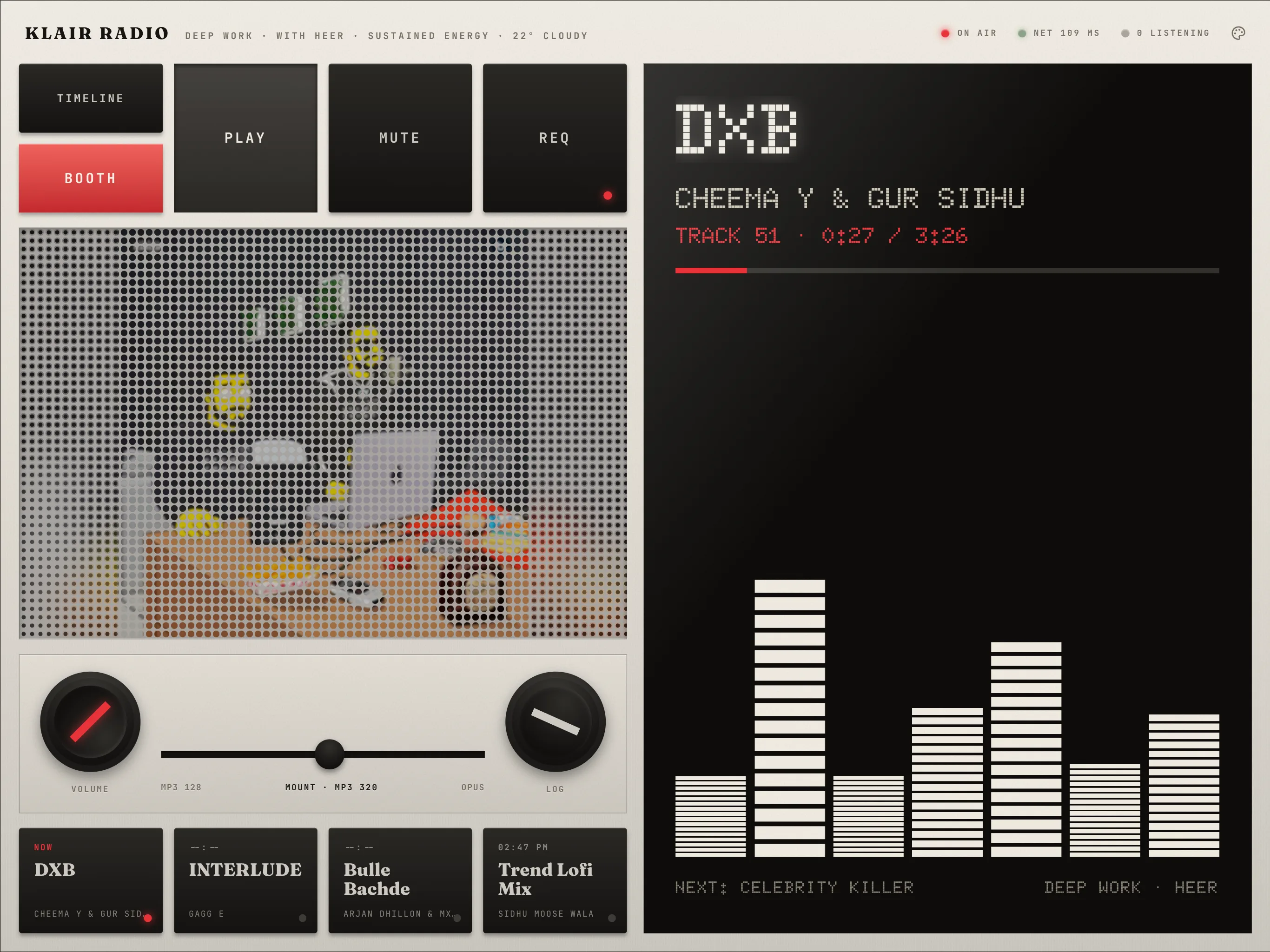 The Unit SW-9 skin: a milled-aluminium panel of soft-touch keys and weighted knobs on the left, a dot-matrix grille showing the cover art, and a black window on the right reading the track title, artist, elapsed time and a level display